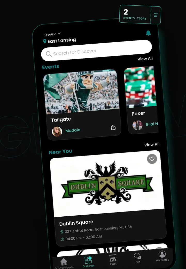 Discover screen listing events and East Lansing venues like Dublin Square