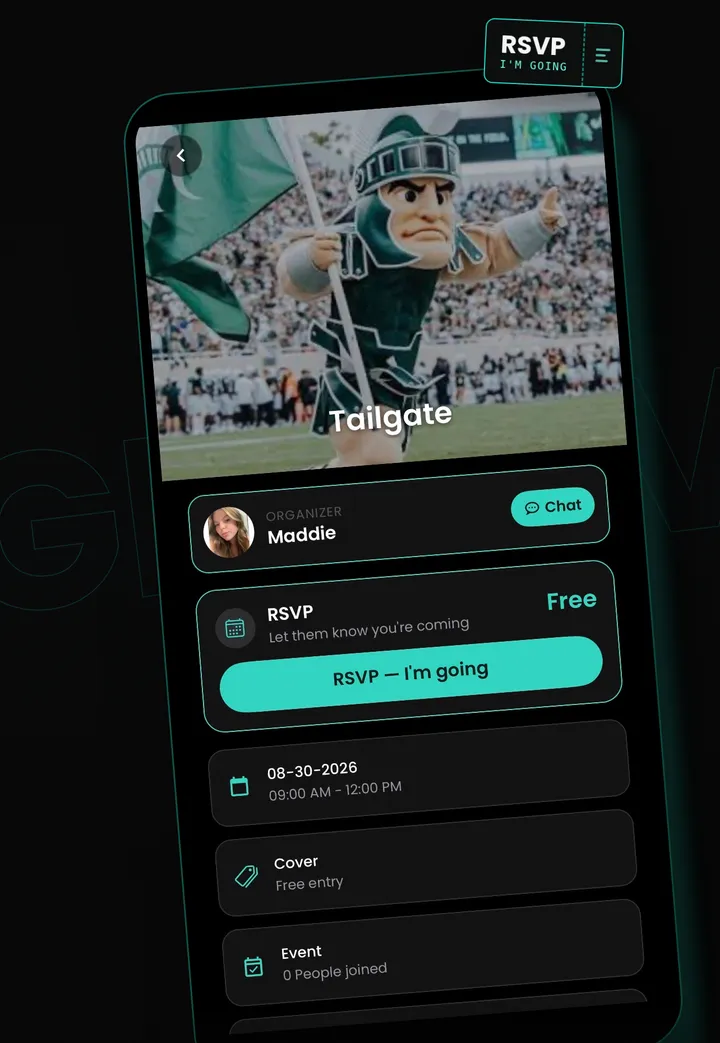 Tailgate event page with organizer, free cover and RSVP button